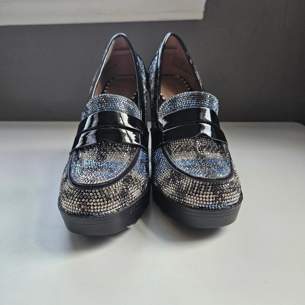 Rhinestone Heel Loafers Platform Block Plaid 6.5 Glam Sparkle Maximalist Party